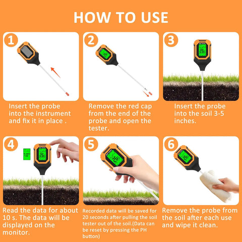 Steps to use 4 In 1 Soil Tester Meter For pH Moisture Temperature And Light With Backlit LCD Display Pro Grade Tool at home.