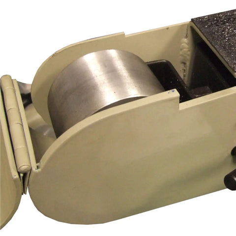 Heavy Duty Benchtop Belt And Disc Grinder Featuring A Badass 2 X 40 Inch Sanding Belt And 6 Inch Grinding Wheel With No Fuss Quick Release Lever And Sweet Tilt Angles close-up of metal roller and sanding area
