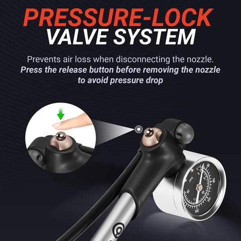High Pressure Bike Shock Pump With Gauge For MTB Full Suspension 300 PSI 20 Bar Portable Manual Air Pump, showing pressure-lock valve system.