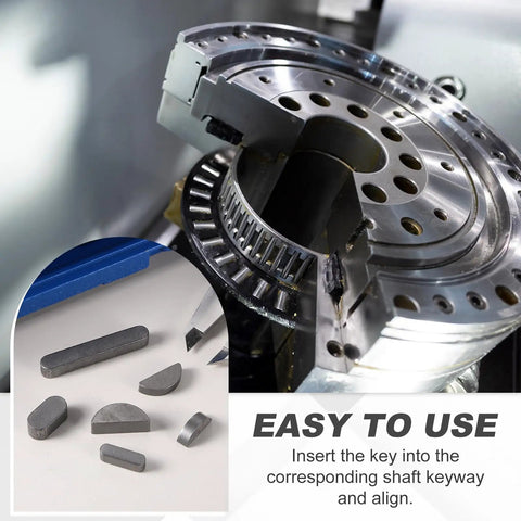 Heavy Duty Woodruff Key Set 16 Pieces 19x4x7mm Carbon Steel Metric Semicircular Keys shown with installation in machinery.