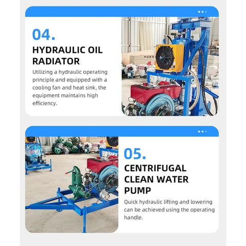 Portable Water Well Drilling Rig With Hydraulic Drive for Small Farms Residential Lots, showing hydraulic oil radiator and clean water pump