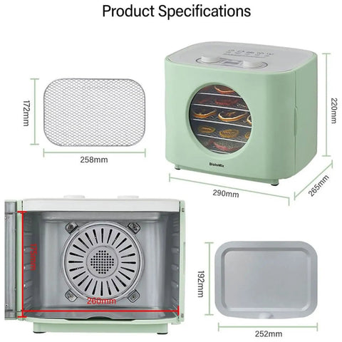 Built Tough 5 Tray Food Dehydrator With No Fuss Digital Timer And Precise Temperature Control showing product specifications and dimensions.