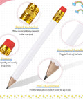 Close-up of a mini white golf pencil with eraser and hexagon shape, part of a 24 Pack Mini White Golf Pencils With Erasers, Short Hexagon Wooden 2B Graphite Pencils For Golf Events, Bridal Showers, Party Games, School, Office, Pew Or Pocket Favors, Baby Shower Fun.