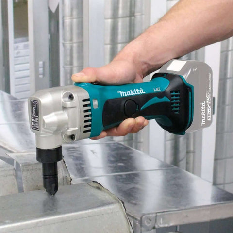 18V LXT Cordless 16 Gauge Metal Nibbler in use, cutting sheet metal with rotating die holder, 1,900 SPM, tool only for pros