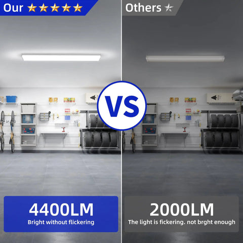 4 Foot LED Wraparound Light 40W 4400Lm 4000K Neutral White Flush Mount Ceiling Fixture comparison with dim light