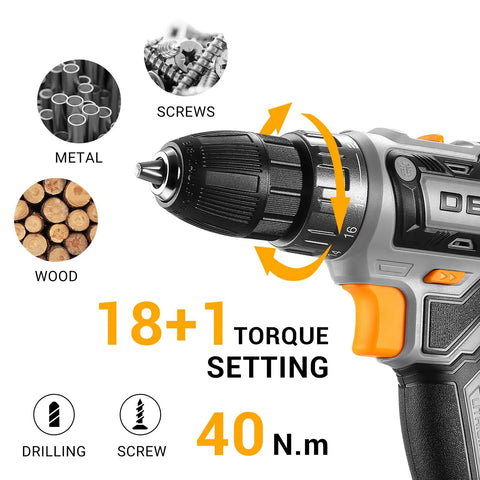 Go To Cordless Power Drill Kit for DIY Projects 20V with Battery and Charger Dual Speed 0 to 350 and 0 to 1350 RPM 18 Plus 1 Torque