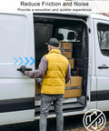 Person operating sliding door with Boxes inside a RAM ProMaster van highlighting noise reduction features
