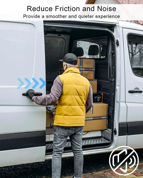 Person operating sliding door with Boxes inside a RAM ProMaster van highlighting noise reduction features