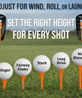 Image of Five Level Adjustable Golf Tee Height Tool for consistent tee heights with labeled golf balls and adjustable tees.