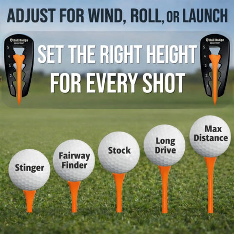 Image of Five Level Adjustable Golf Tee Height Tool for consistent tee heights with labeled golf balls and adjustable tees.