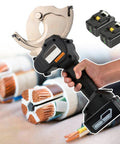 Person using 18V Battery Powered Cable Cutter With Electric Ratchet, Pro Grade Cordless Wire Cutting Tool, with two batteries nearby