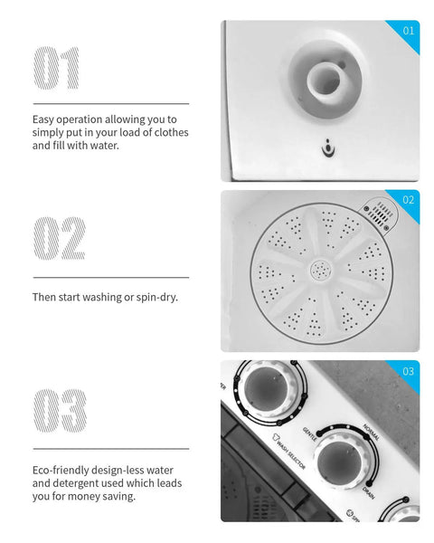 Real Deal Compact Twin Tub Portable Mini Washing Machine 21 Pounds Capacity Semi Automatic Washer Spin Dryer Combo control dials and tub design.