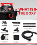 Heavy Duty 10 Gallon Wet Dry Vacuum With 4.5 Peak HP Motor And Three In One Cleaning accessories, including hose and nozzles