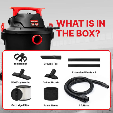 Heavy Duty 10 Gallon Wet Dry Vacuum With 4.5 Peak HP Motor And Three In One Cleaning accessories, including hose and nozzles