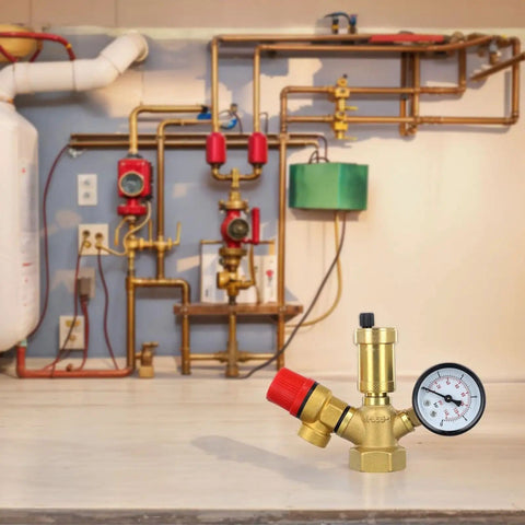 Brass Boiler Safety Group Kit with 6 Bar Pressure Relief Valve Air Vent and 10 Bar Gauge for Closed Heating Circuits