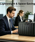Man sitting at office desk with Must-Have Hard Shell Fireproof Document Organizer With Lock, Waterproof Safe Box For A4 Papers, Black
