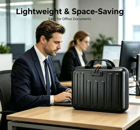 Man sitting at office desk with Must-Have Hard Shell Fireproof Document Organizer With Lock, Waterproof Safe Box For A4 Papers, Black