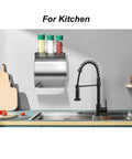 No Drill Stainless Steel Toilet Paper Holder With Shelf And Storage Box Waterproof SUS304 Cat And Dog Proof Self Adhesive Bathroom Organizer Holds Extra Rolls And Your Phone Black Finish in kitchen setting above sink.