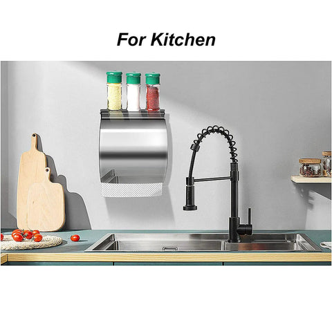 No Drill Stainless Steel Toilet Paper Holder With Shelf And Storage Box Waterproof SUS304 Cat And Dog Proof Self Adhesive Bathroom Organizer Holds Extra Rolls And Your Phone Black Finish in kitchen setting above sink.