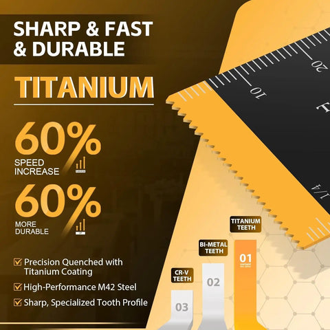 Close-up of titanium multitool blade from 40 Piece Oscillating Saw Blade Kit For Multitool With Wood Metal Plastic Blades Includes 10 Interchangeable Cuts For Dewalt Worx Milwaukee Makita Ryobi Bosch And More For DIY Pros, showing sharp teeth and durability features.