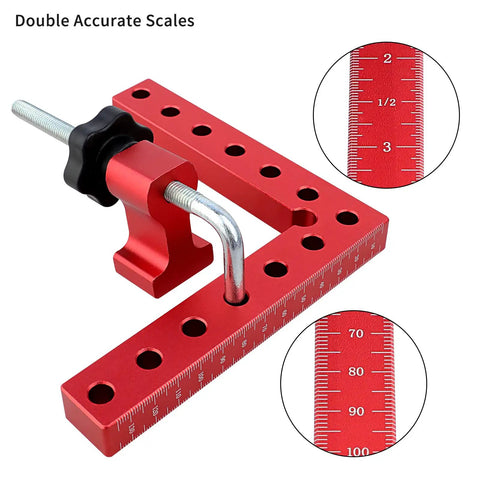 Close-up of red aluminum right angle corner clamp with double scales, part of Get Your Hands On These Super Handy Right Angle Corner Clamps Made From Tough Aluminum Alloy That Stay Accurate At Ninety Degrees Four Pack Of Five Point Five Inch Squares Ideal For Woodworking Projects Like Building Picture Frames Boxes Cabinets Or.