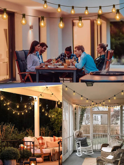 Two Pack 100Ft Outdoor String Lights Dimmable G40 Globe Bulbs Waterproof Patio Lights For Backyard Party Vibes Cafe Wedding Christmas Decor 54 Bulbs Each, Easy Hanging, UL Listed, illuminating a cozy outdoor setting with people dining, a cozy patio with a rocking chair, and a well-lit balcony.