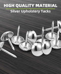 Top Shelf 7/16 Inch Upholstery Tacks For Furniture Repair And Diy Crafts With Killer Silver Nailhead Trim and Smooth Metal Finish. Close-up view of decorative silver upholstery tacks.