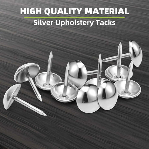 Top Shelf 7/16 Inch Upholstery Tacks For Furniture Repair And Diy Crafts With Killer Silver Nailhead Trim and Smooth Metal Finish. Close-up view of decorative silver upholstery tacks.