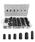 105 Piece Vacuum Cap Kit With Storage Case, Six Sizes From 5/32 To 3/8 Inch shown in a clear plastic organizer box