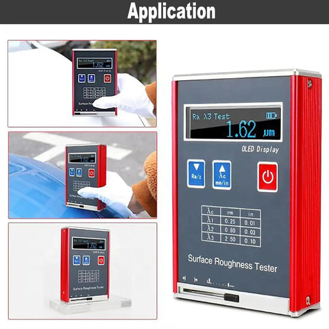 Portable Surface Roughness Tester With 0.01 μm Accuracy, Compact Profilometer For Ra/Rq 0.05 To 15.0 μm And Rz/Rt 0.1 To 50.0 μm, Rechargeable With Standard Calibration Block, On-The-Go Precision Gauge For Metals, Plastics, Ceramics. Handheld red unit showing OLED display and on-surface use.