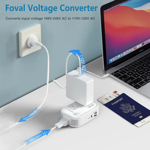 Global 220V To 110V Travel Converter with 18W USB port in use with laptop and charger, shown with international plug options.