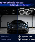Ultra Bright LED Garage Lighting System With 14-Grid Hex Panels installed in garage, showing enhanced illumination on car.