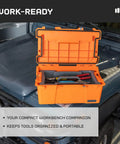Sixer 16 Protective Case With Removable Tool Tray Blaze Orange open on vehicle hood with tools, showcasing durability and quick access.
