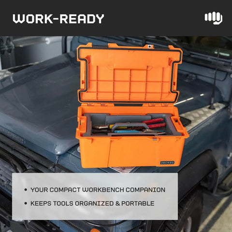 Sixer 16 Protective Case With Removable Tool Tray Blaze Orange open on vehicle hood with tools, showcasing durability and quick access.