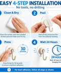 Eight Pack Of Solid White Adhesive Ceiling And Wall Hooks Delivers Zero Sweat Damage Free Mounting steps for easy installation shown.