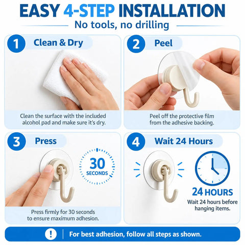 Eight Pack Of Solid White Adhesive Ceiling And Wall Hooks Delivers Zero Sweat Damage Free Mounting steps for easy installation shown.