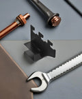 Heavy-Duty Black Stainless Steel Shelf Brackets 2-Pack, Square Pipe Design, shown with various tools for installation use