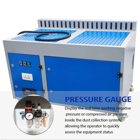 Heavy Duty Metalworking Downdraft Table Dust Collector With Side Suction For Shop Fine Dust Capture And Multi Stage Filtration, showing pressure gauge and control panel.