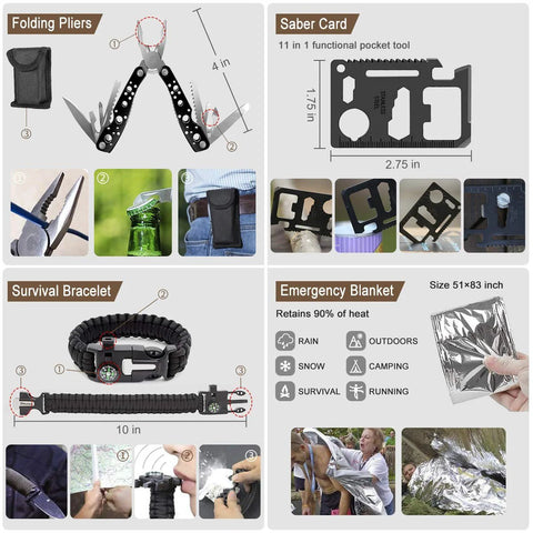 Amazon 238-piece outdoor survival kit with MOLLE pouch, folding pliers, saber card, survival bracelet, and emergency blanket