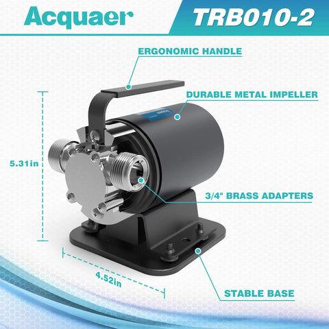 Portable Electric Water Transfer Pump 1/10 HP With Suction Hose Kit showing ergonomic handle and 3/4" brass adapters.