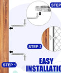 Image showing installation steps for 4 Pack Farm Gate Hinge Set For Chain Link Fences And Wood Posts Galvanized Steel Hinges With Lag Screws Includes Nuts And Bolts Durable Zinc Plated Gate Post Hinges For No Hassle Fence Gate Mounting on wood and chain link.