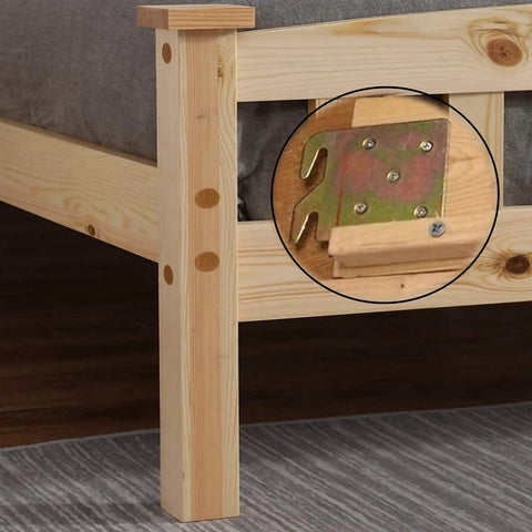 Rock Solid 4 Piece Heavy Duty Wood Bed Rail Hook Plates Universal 5 Hole Design Bed Frame Connectors shown mounted on a wooden bed post.