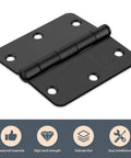 Top Shelf Matte Black Interior Door Hinges 3 1/2 Inch 1/4 Radius Flat Iron Hardware with seamless plain bearing track detail.
