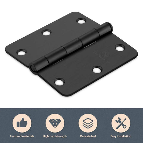 Top Shelf Matte Black Interior Door Hinges 3 1/2 Inch 1/4 Radius Flat Iron Hardware with seamless plain bearing track detail.