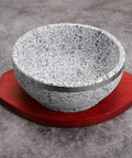 Dolsot Bibimbap Bowl 32 Oz Granite Stone Bowl With Wood Base for Korean Soup Rice and Stew on gray background