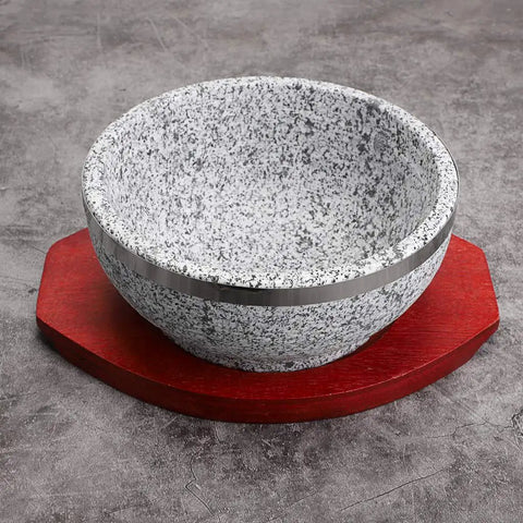 Dolsot Bibimbap Bowl 32 Oz Granite Stone Bowl With Wood Base for Korean Soup Rice and Stew on gray background