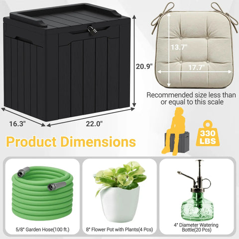 Outdoor 31 Gallon Storage Box With Lid For Patio Furniture Garden Tools Pool Supplies Waterproof UV Resistant Lockable Weatherproof Durable Resin with dimensions shown, compared to garden hose, pot, and watering bottle.