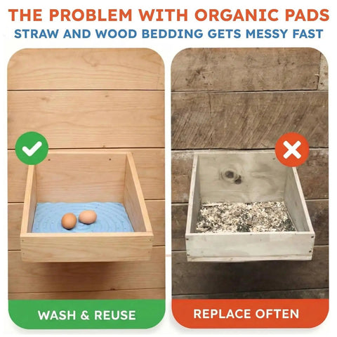 Comparison of washable chicken nesting pads with organic pads. Gray washable pad with eggs on left, messy straw pad on right.