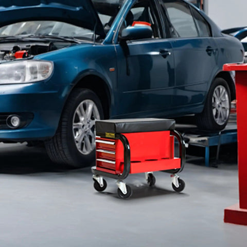 Tool Box With Built In Creeper Seat And Three Drawer Heavy Duty Tool Chest On Four Rolling Casters for garage work