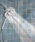 Quattro Handheld Shower System With Four Modes Relieve Soothe Clarify Cleanse Magnetix Dock Chrome Finish spraying water